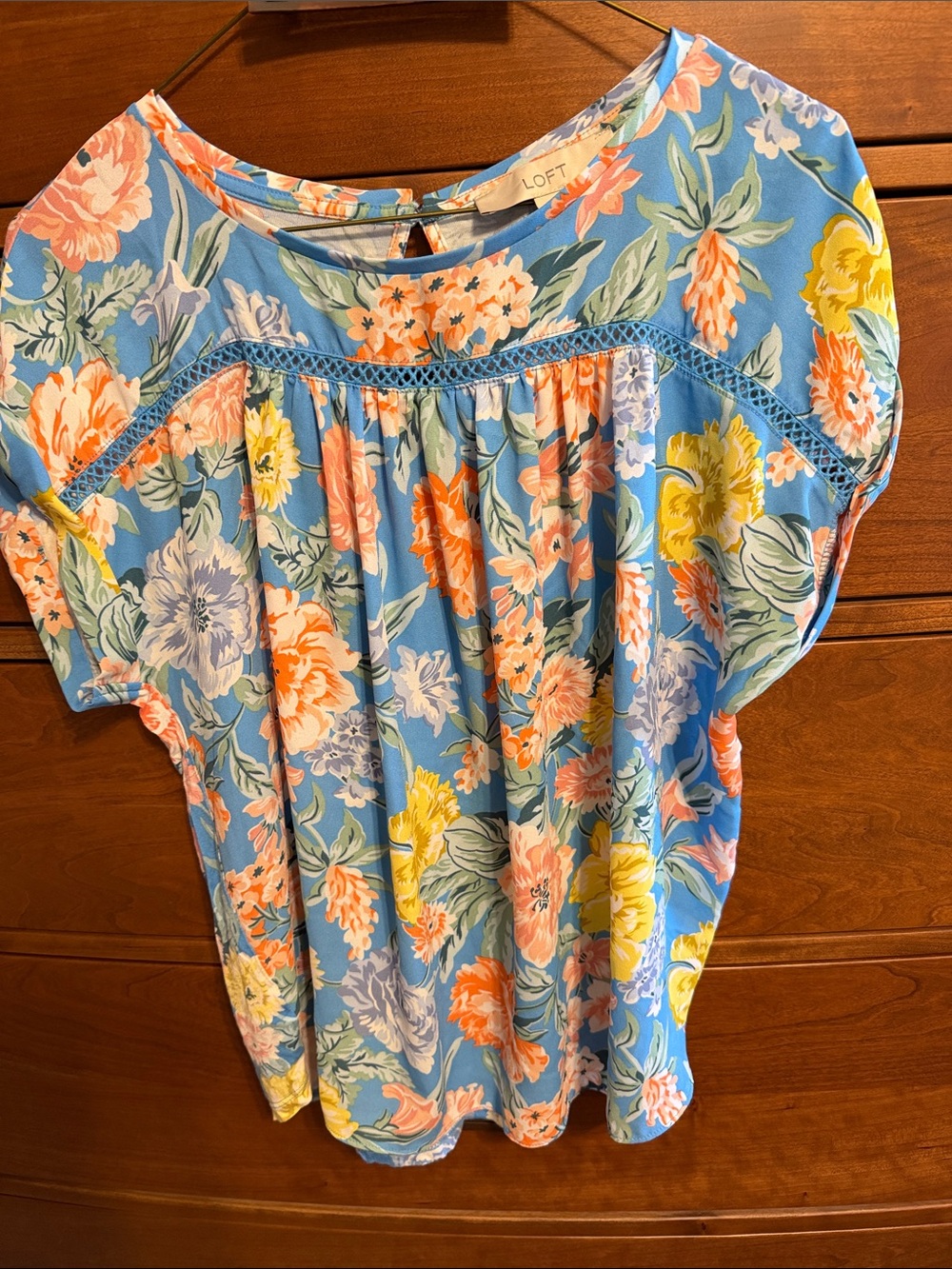 LOFT Blue Floral Crochet-Trim Short Sleeve Blouse